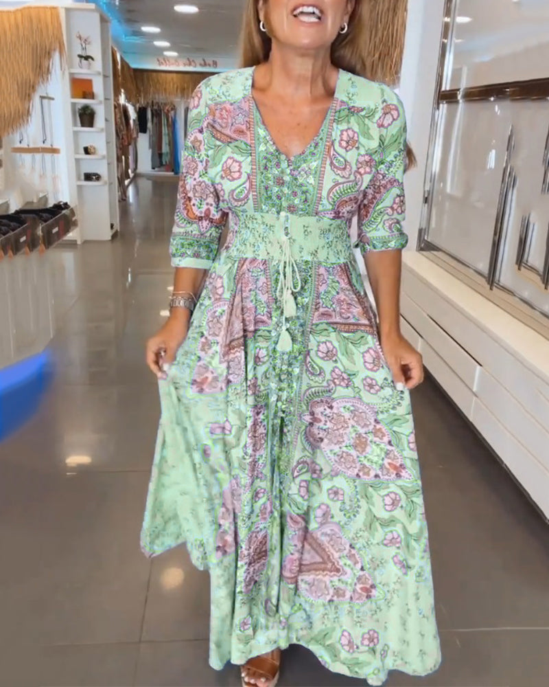 V-neck Holiday Dress with 3/4 Sleeves
