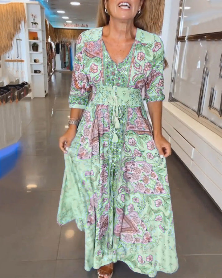 V-neck Holiday Dress with 3/4 Sleeves
