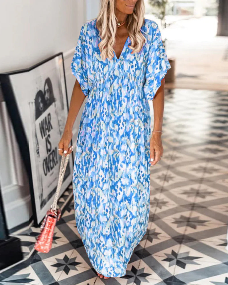 Trendy V-neck Printed Dress with Short Sleeves