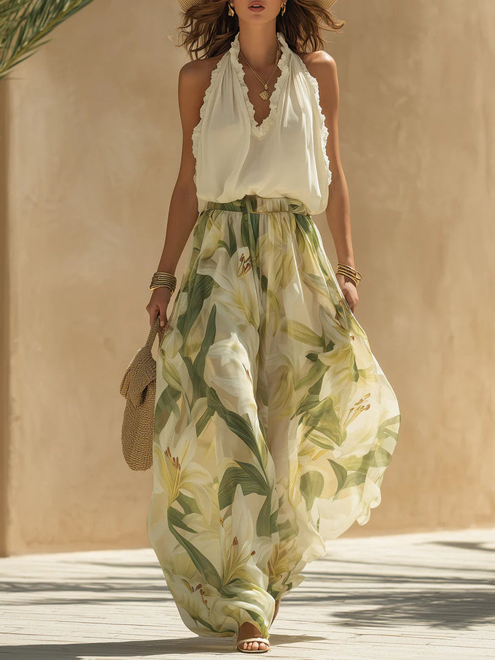 Suzanne | Elegant Floral Wide Leg Two Piece Set