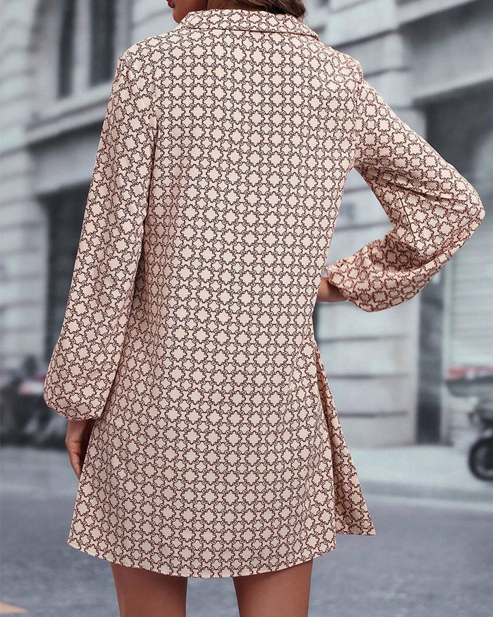 Printed Long Sleeve Dress with Lapel