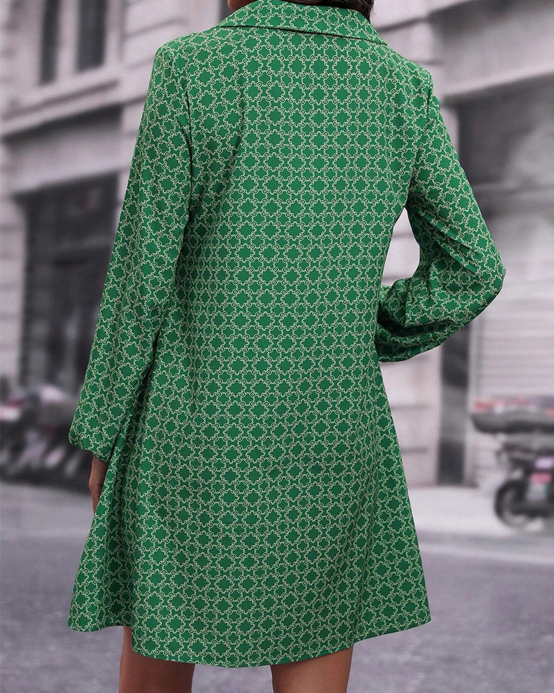 Printed Long Sleeve Dress with Lapel