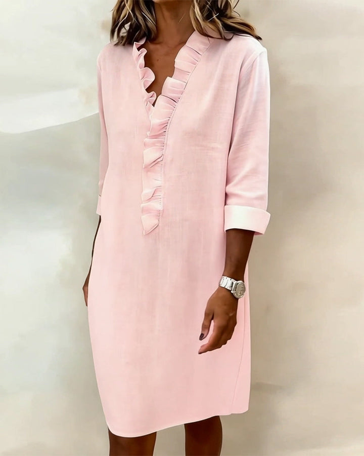 Ruffled V-Neck Solid Dress