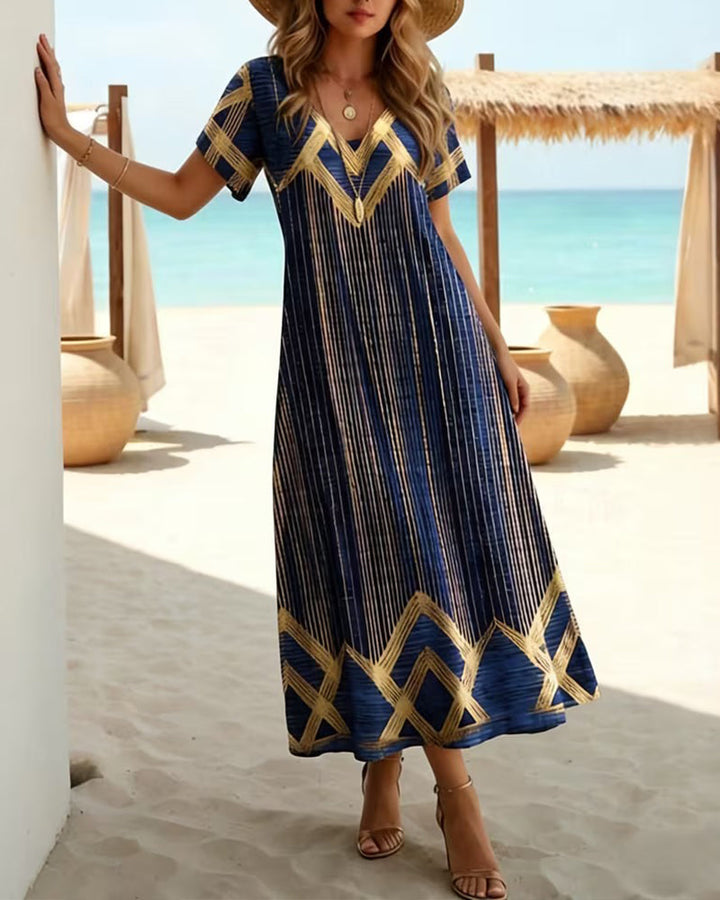 V-Neck Printed Vacation Maxi Dress