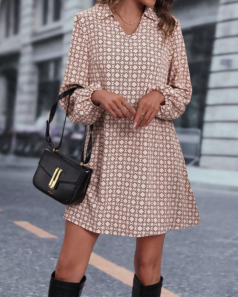 Printed Long Sleeve Dress with Lapel