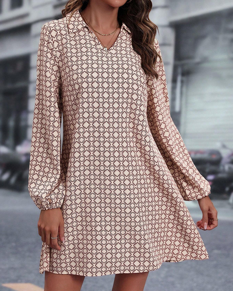 Printed Long Sleeve Dress with Lapel
