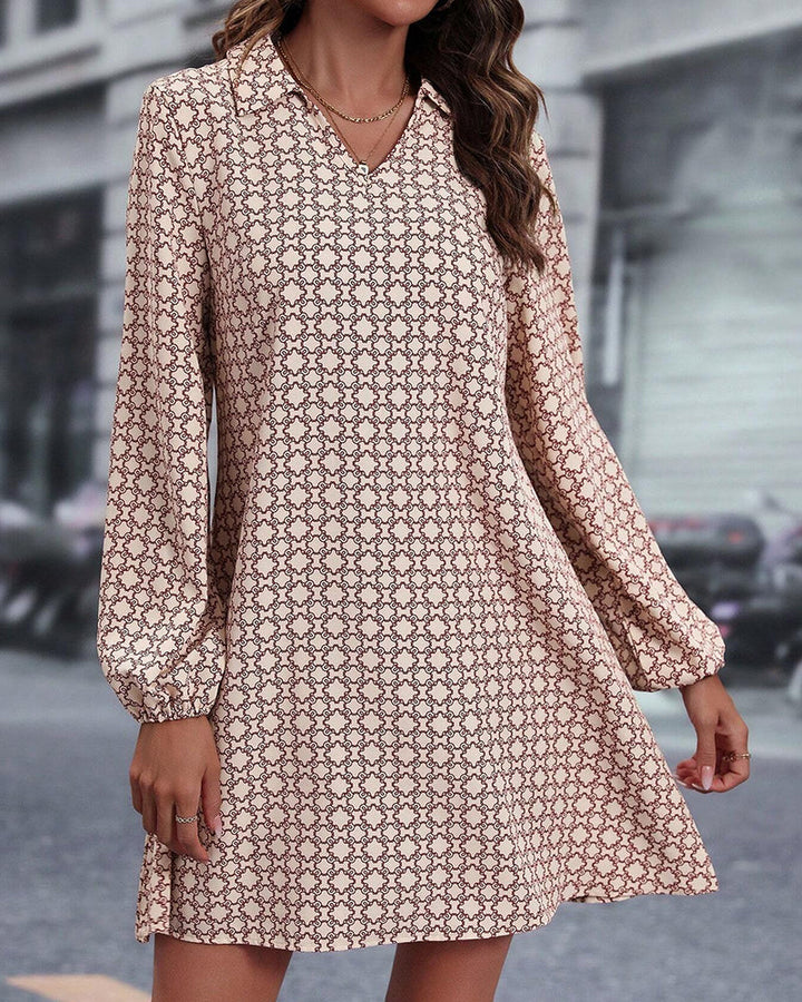 Printed Long Sleeve Dress with Lapel