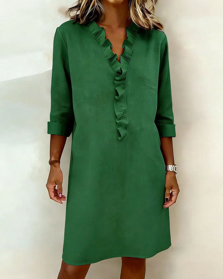 Ruffled V-Neck Solid Dress