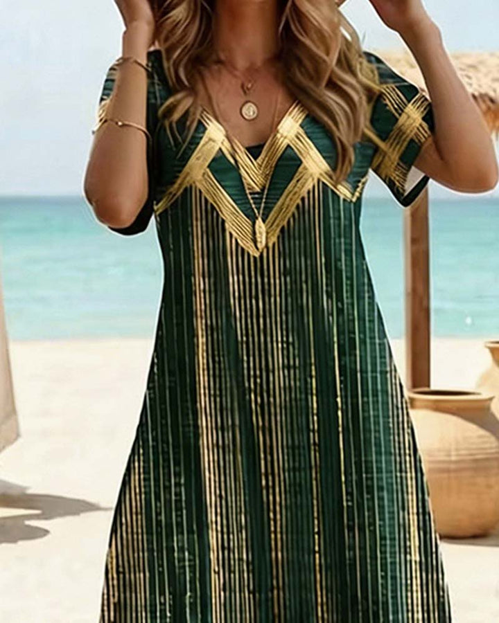V-Neck Printed Vacation Maxi Dress