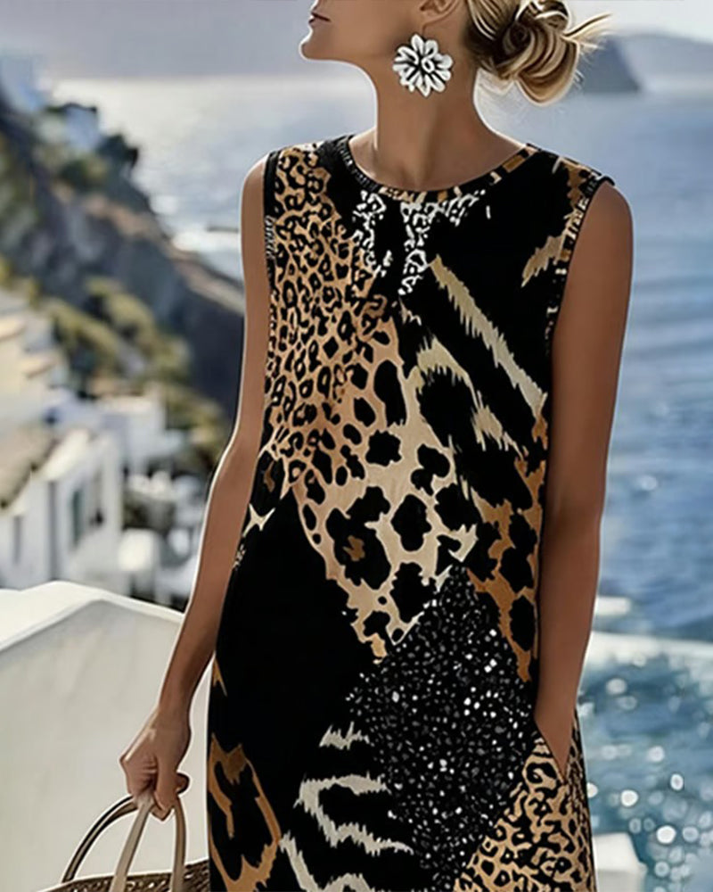 Sleeveless Long Leopard Print Patchwork Dress