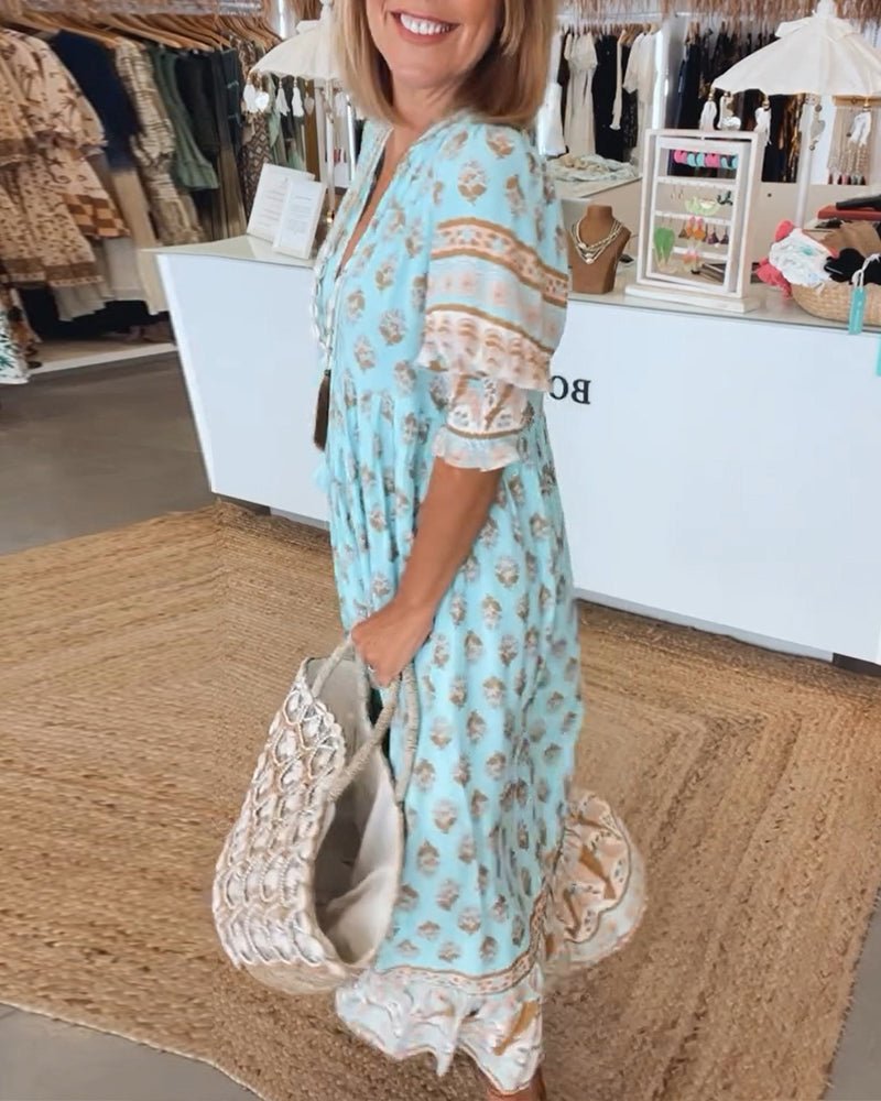 MANA | CHIC FLORAL MIDI DRESS WITH V-NECK