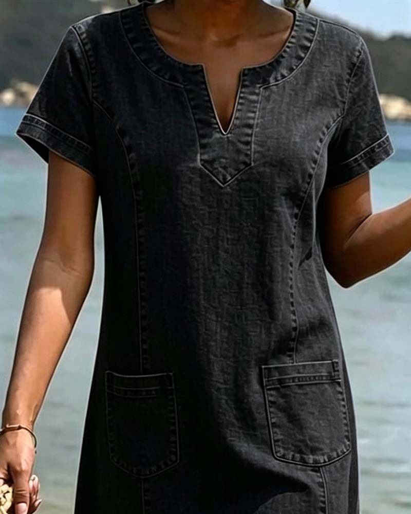 Casual Sheath Dress Pocket Small V-Neck