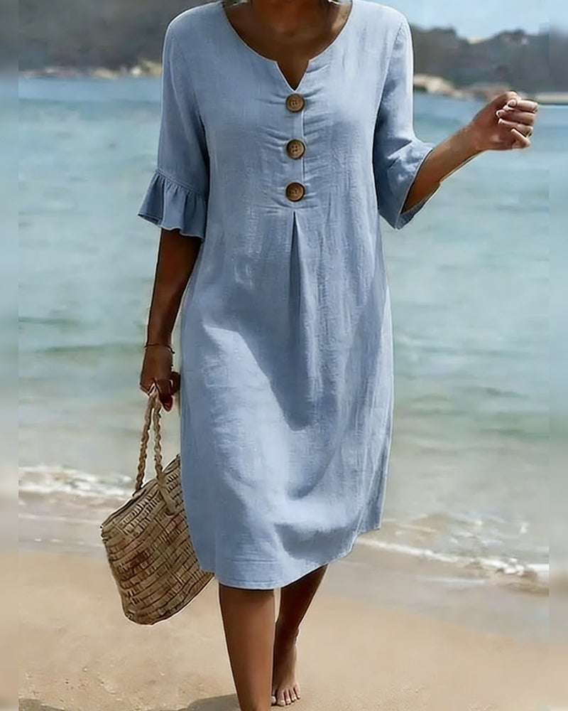 Buttoned Ruffled Sleeve Dress 100% Cotton