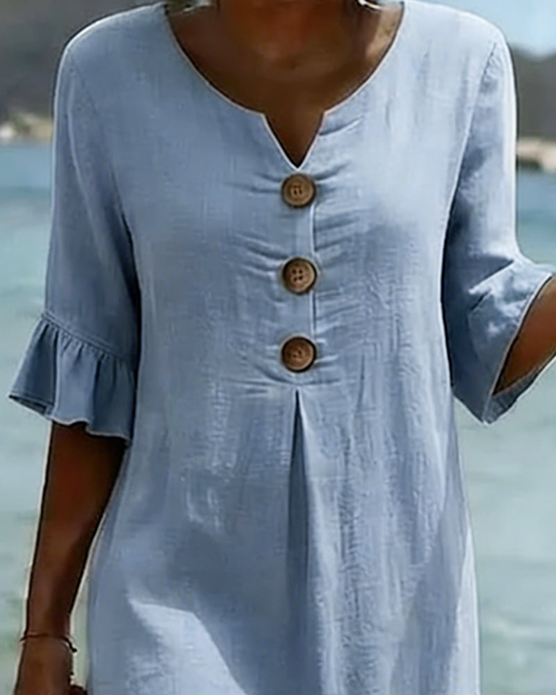 Buttoned Ruffled Sleeve Dress 100% Cotton