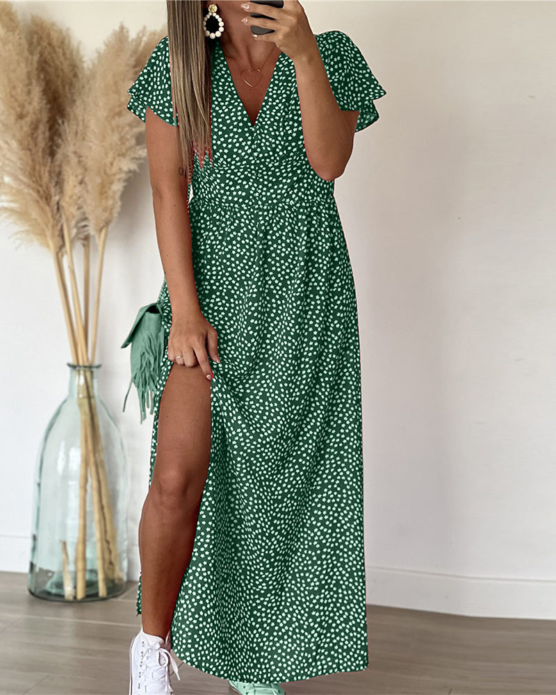 Long Printed Dress with V-Neck
