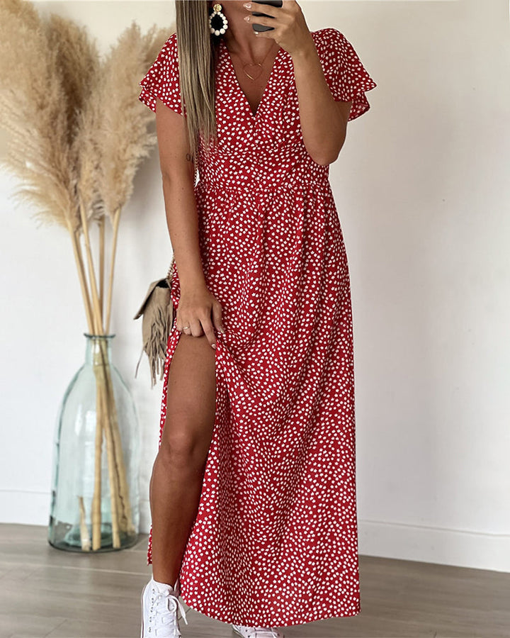 Long Printed Dress with V-Neck