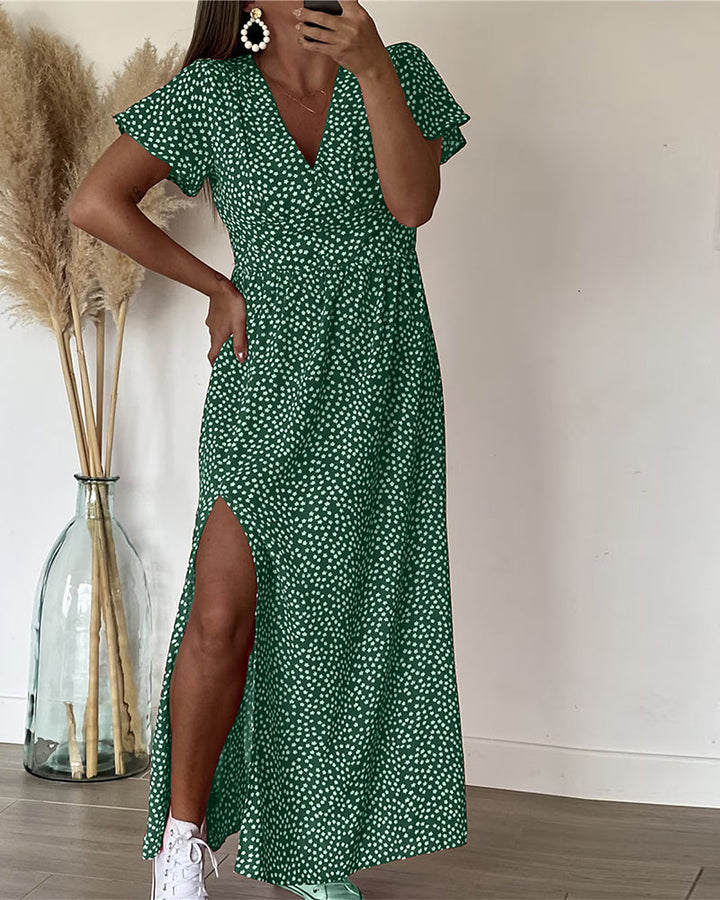 Long Printed Dress with V-Neck