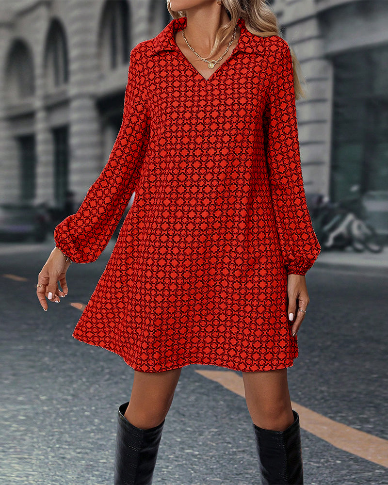 Printed Long Sleeve Dress with Lapel