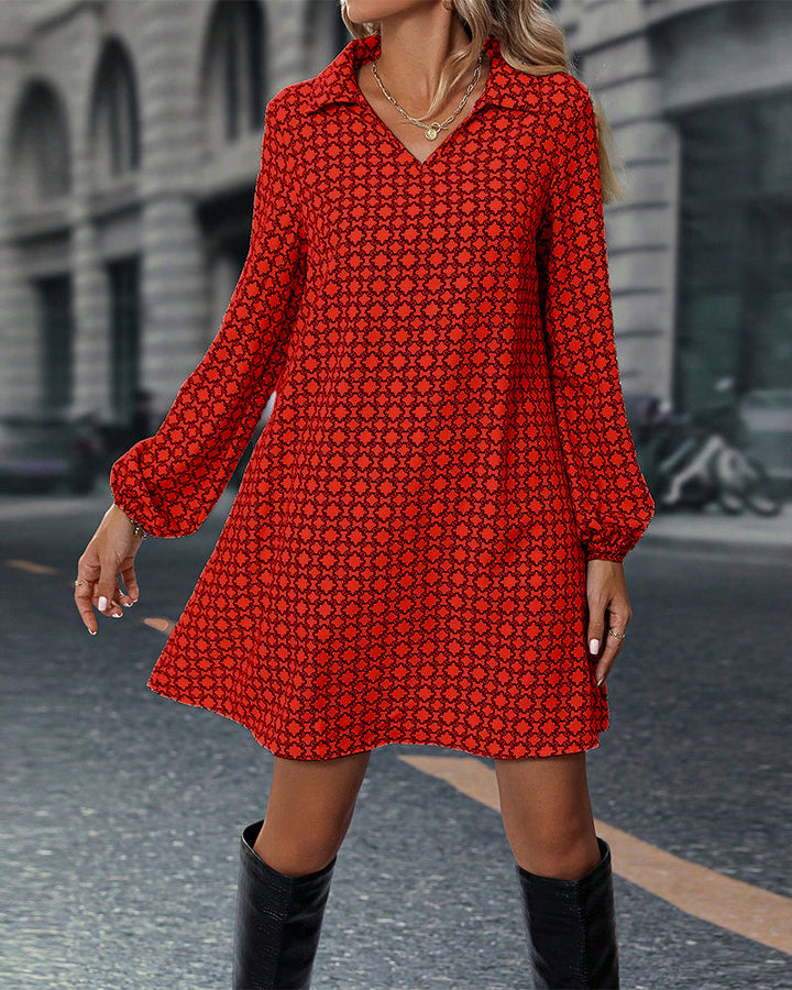 Printed Long Sleeve Dress with Lapel