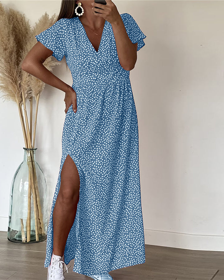 Long Printed Dress with V-Neck