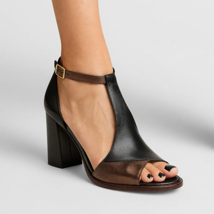 Elwira™ — Two-tone block heel sandals with bold urban elegance