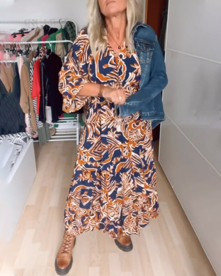 Long Printed Dress with V-Neck