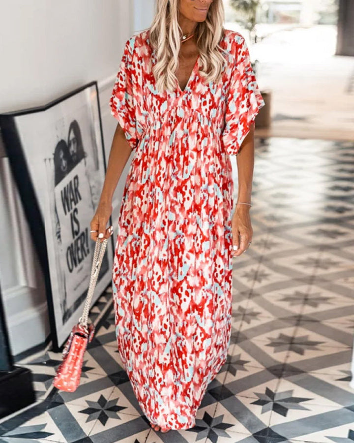 Trendy V-neck Printed Dress with Short Sleeves