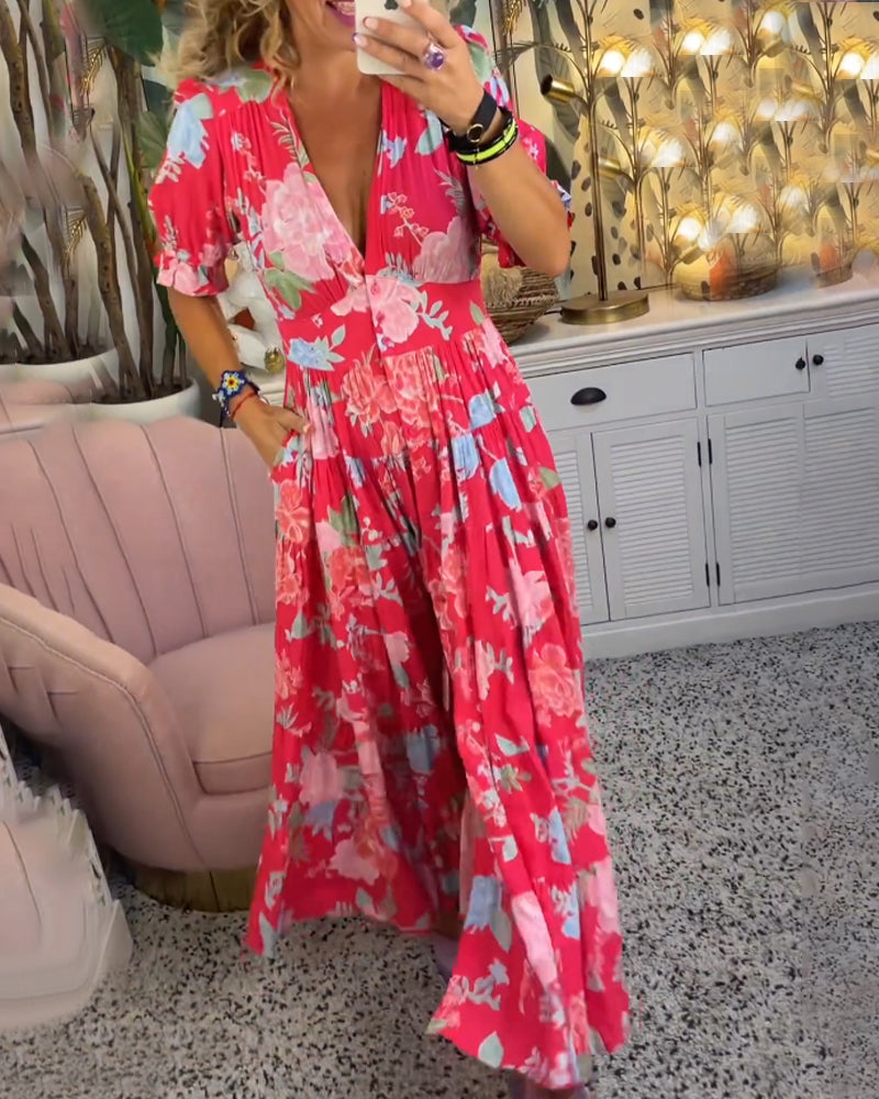 V-Neck Floral Print Pocket Dress