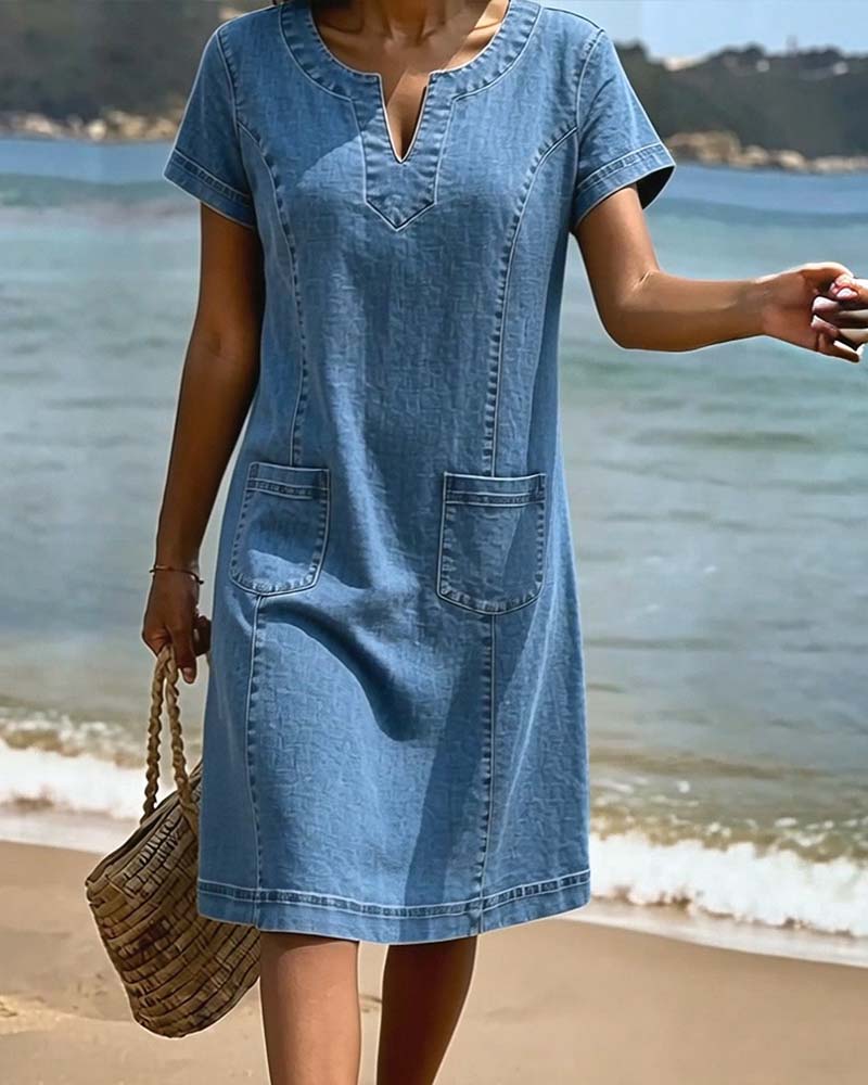 Casual Sheath Dress Pocket Small V-Neck