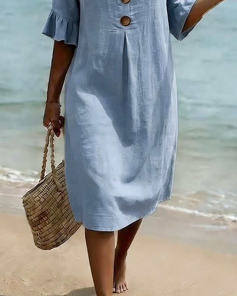 Buttoned Ruffled Sleeve Dress 100% Cotton