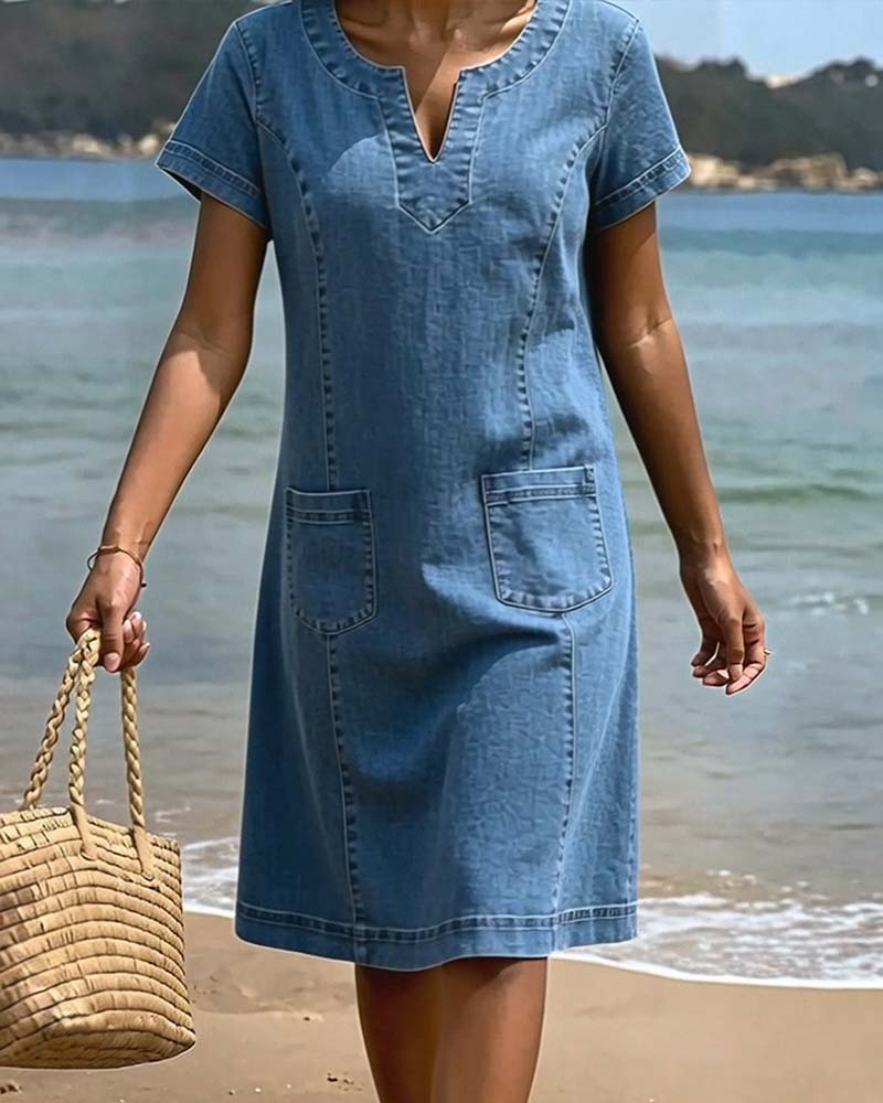 Casual Sheath Dress Pocket Small V-Neck