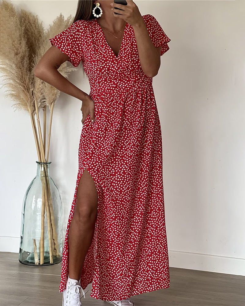 Long Printed Dress with V-Neck