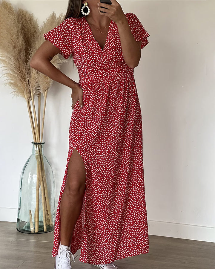Long Printed Dress with V-Neck
