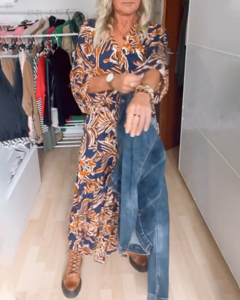 Long Printed Dress with V-Neck