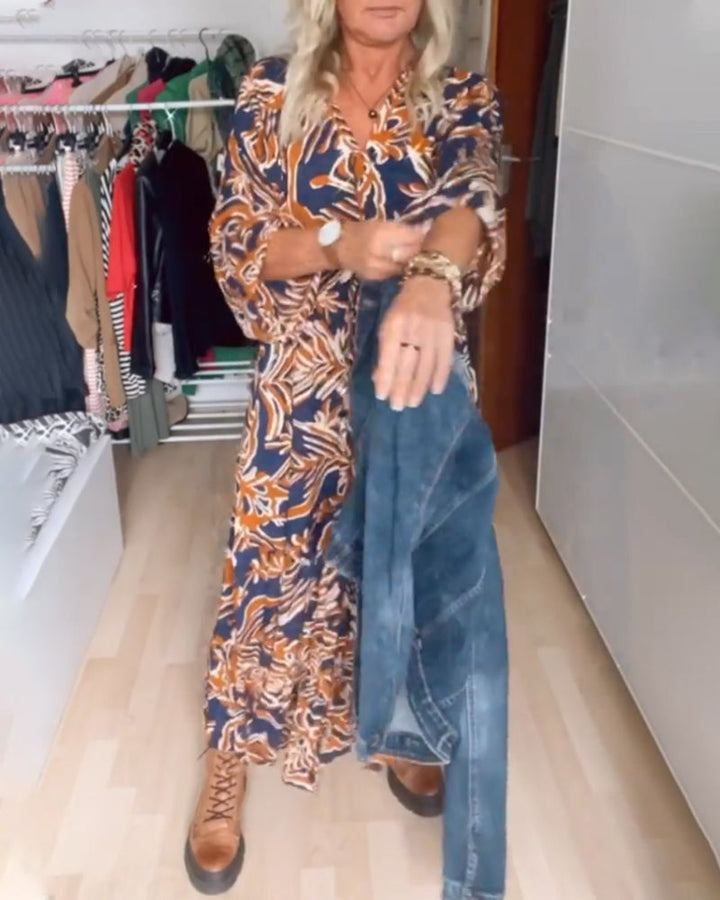 Long Printed Dress with V-Neck