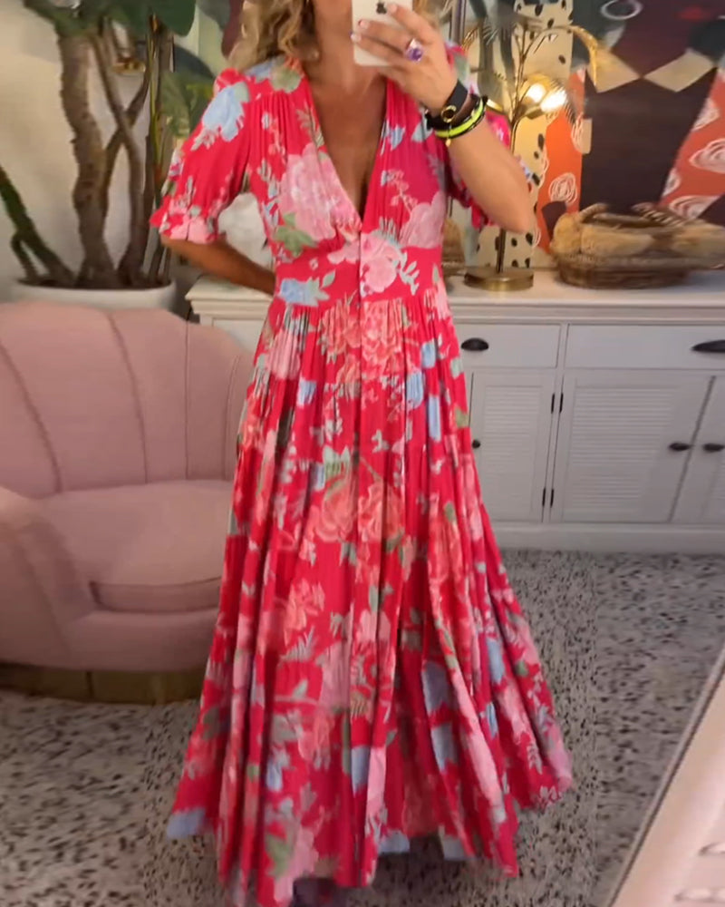 V-Neck Floral Print Pocket Dress