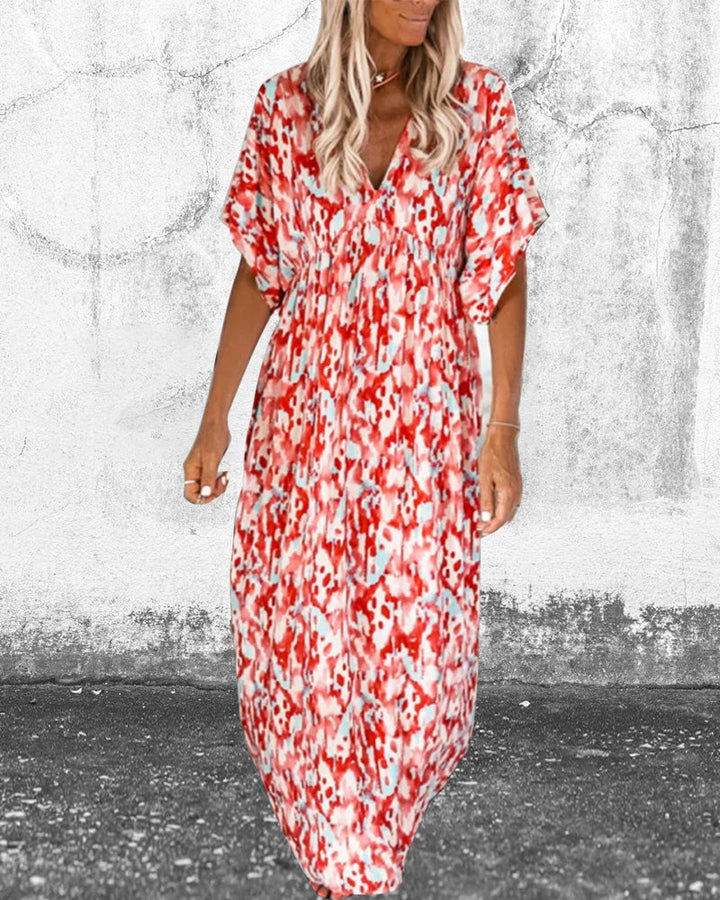 Trendy V-neck Printed Dress with Short Sleeves