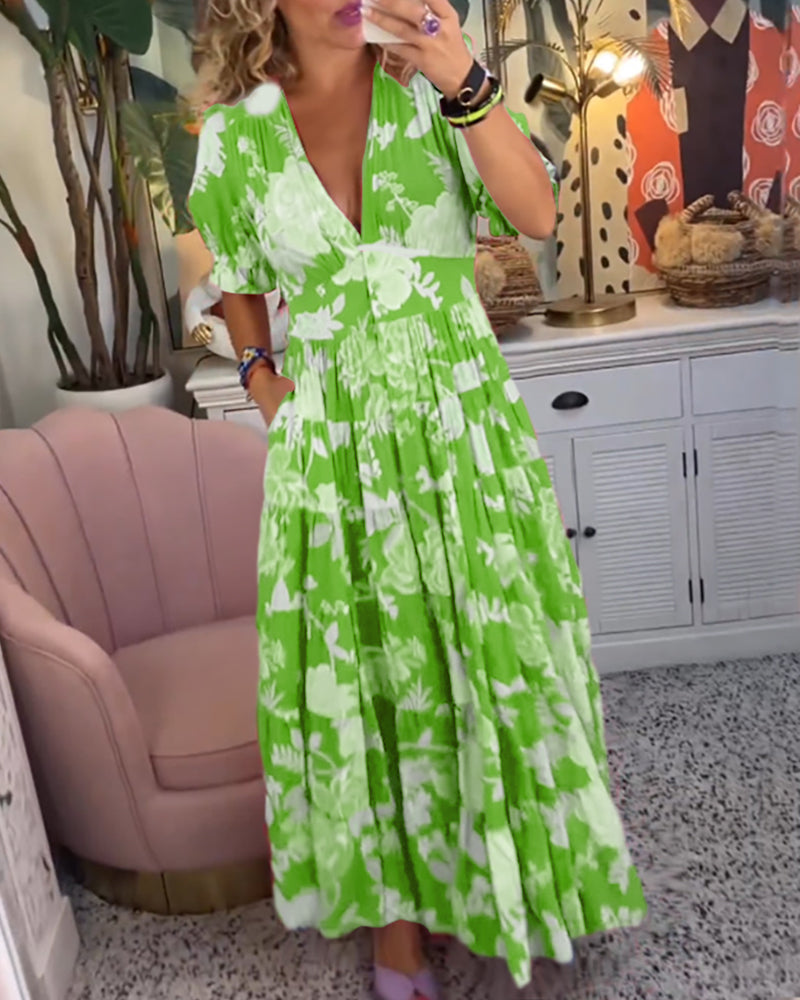 V-Neck Floral Print Pocket Dress