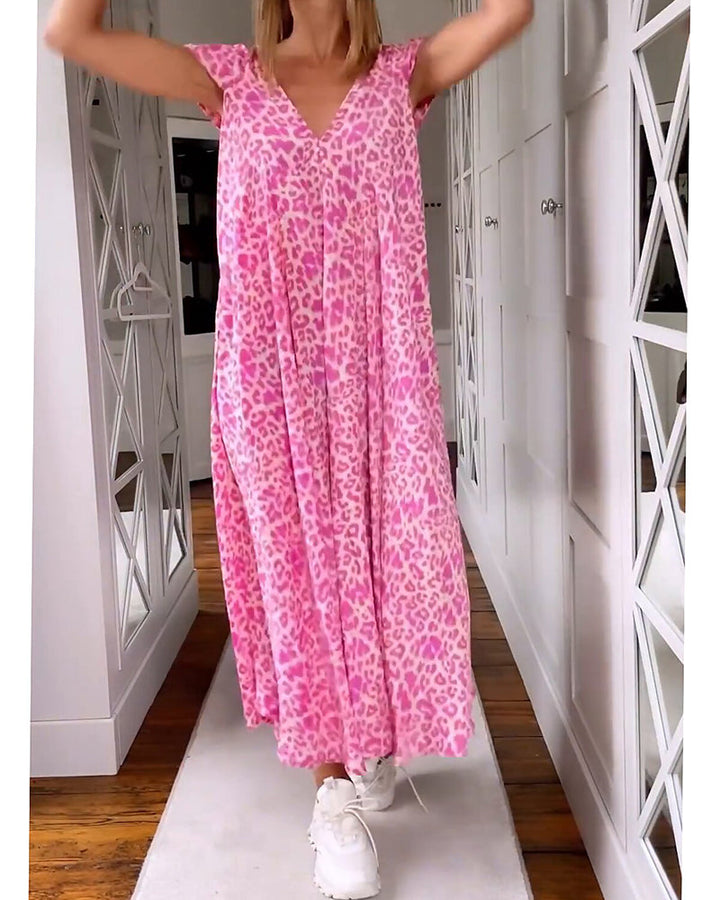 Long V-neck printed dress with short sleeves