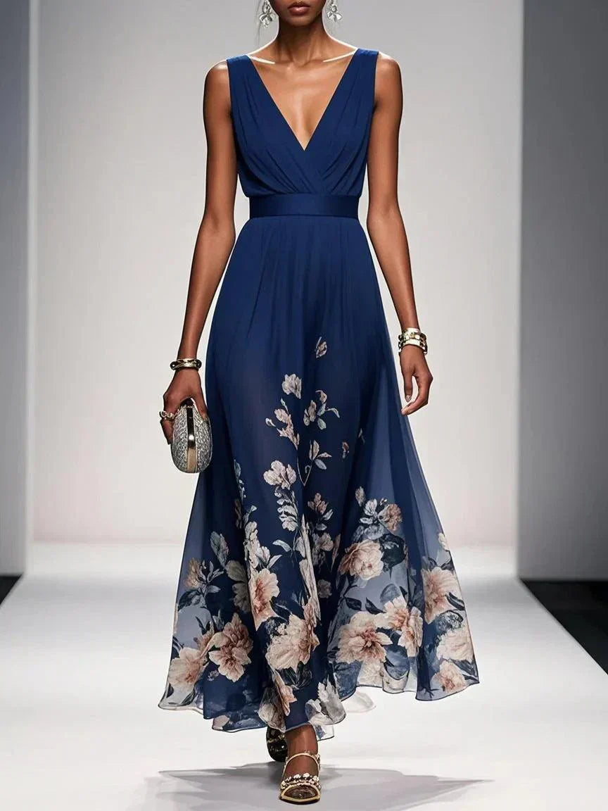 Rose | Light Blue Floral Chiffon Maxi Dress with V-Neck