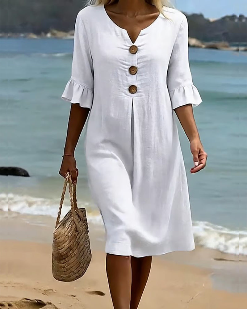 Buttoned Ruffled Sleeve Dress 100% Cotton