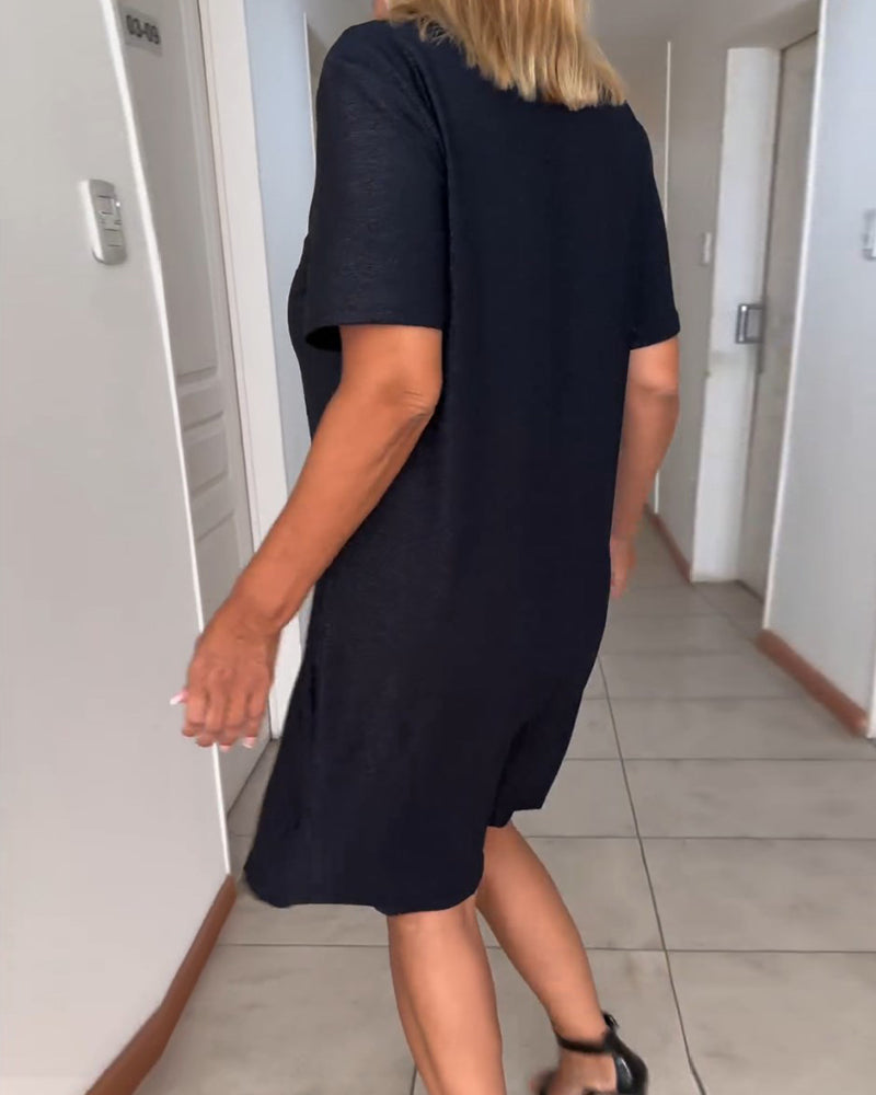 Twisted Dress with Short Sleeves and V-Neck