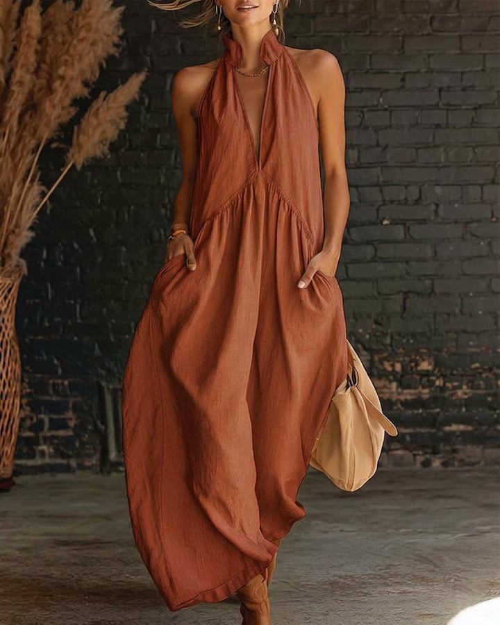 100% Cotton Sleeveless High Neck Solid Maxi Dress
