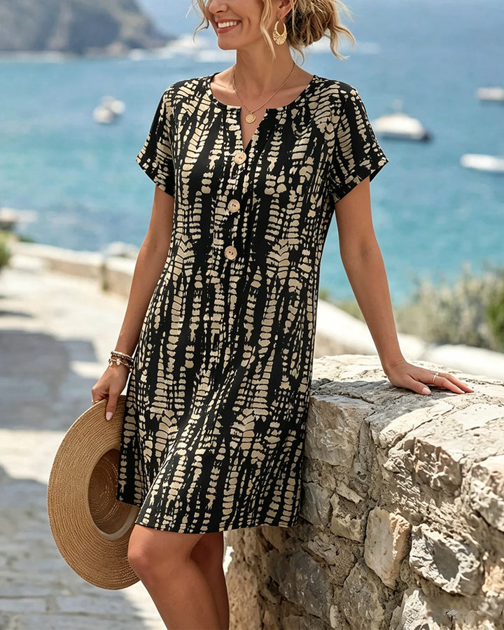 Color Contrast Dress Short Sleeves A-Line Hem