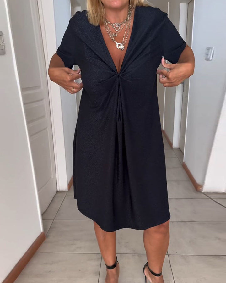 Twisted Dress with Short Sleeves and V-Neck