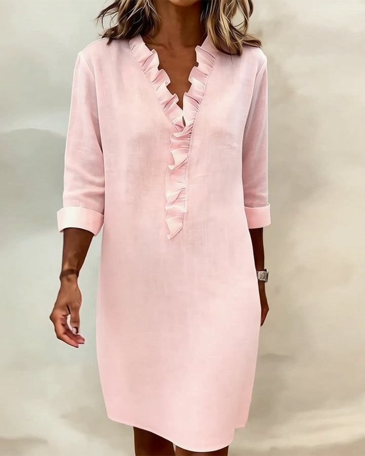 Ruffled V-Neck Solid Dress