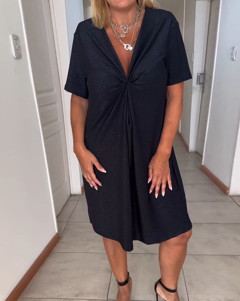 Twisted Dress with Short Sleeves and V-Neck