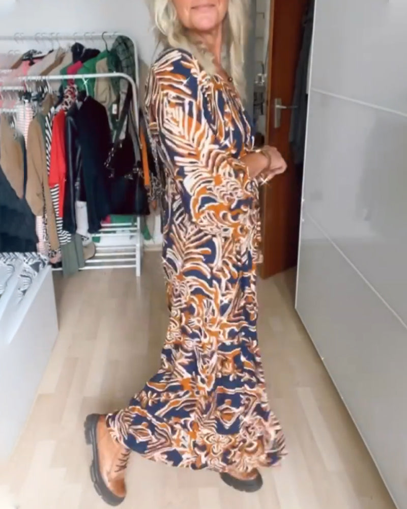 Long Printed Dress with V-Neck