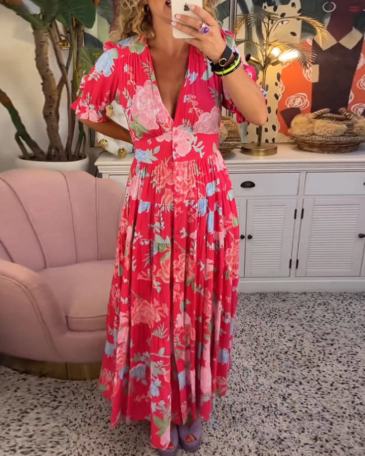 V-Neck Floral Print Pocket Dress