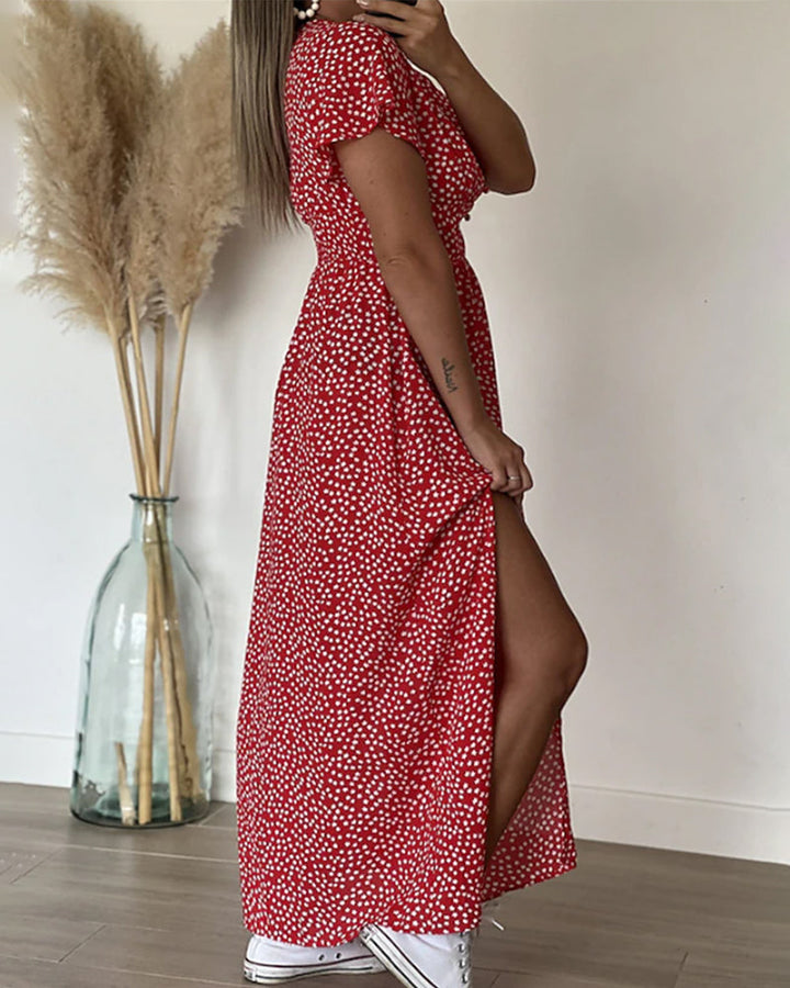 Long Printed Dress with V-Neck
